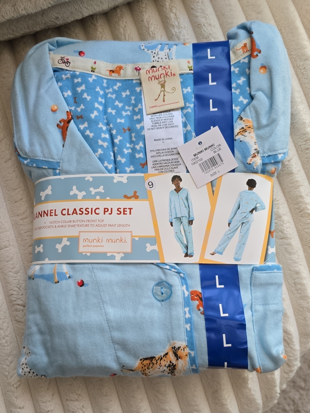 NWT Munki Munki Blue Flannel All Dogs Welcome Pajama PJ Set Large